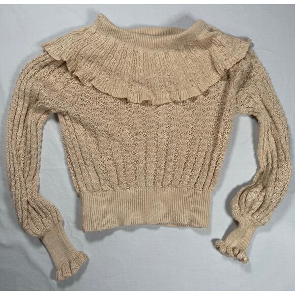 Free People Crazy In Love Ruffle Sweater Beige Size MED Ruffle Sleeve - Picture 6 of 10